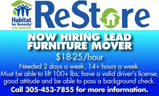 Now Hiring Lead Furniture Mover, Habitat For Humanity Of The Upper Keys